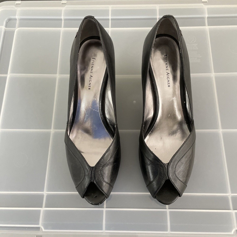 Etienne Aigner Women's 8.5  Black Leather Peep Toe Pumps 3" Block Heels